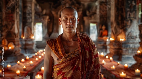 portrait of a Tibetan monk in a monastery photo