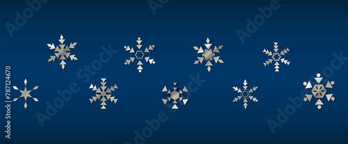 Vector Banner Illustration Blue Horizontal Banner With Silver Snow Snowflakes.Jpg