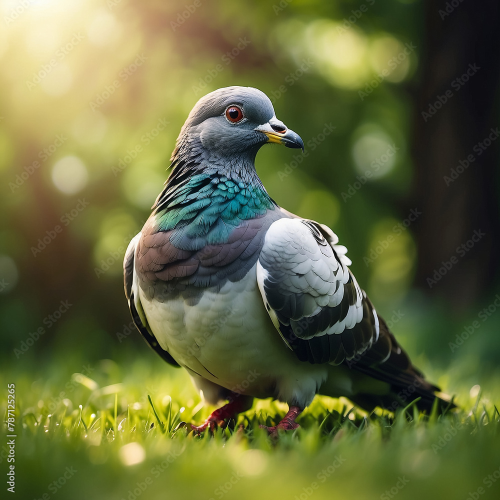Portrait of a street pigeon against a green background.
Portrait of a street pigeon against a green background.