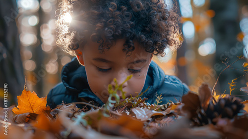 A young boy with curly hair playing with leaves.