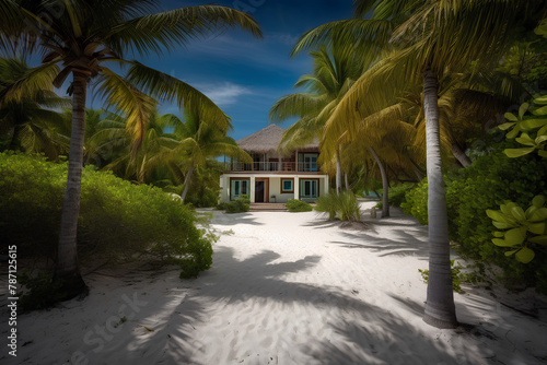Vacation house on the island with palms and sand path. Sunny weather.