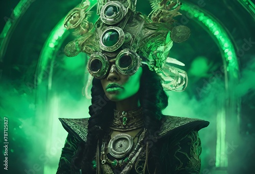 AI generated illustration of a woman in a dark mask and goggles poses in front of a green archway