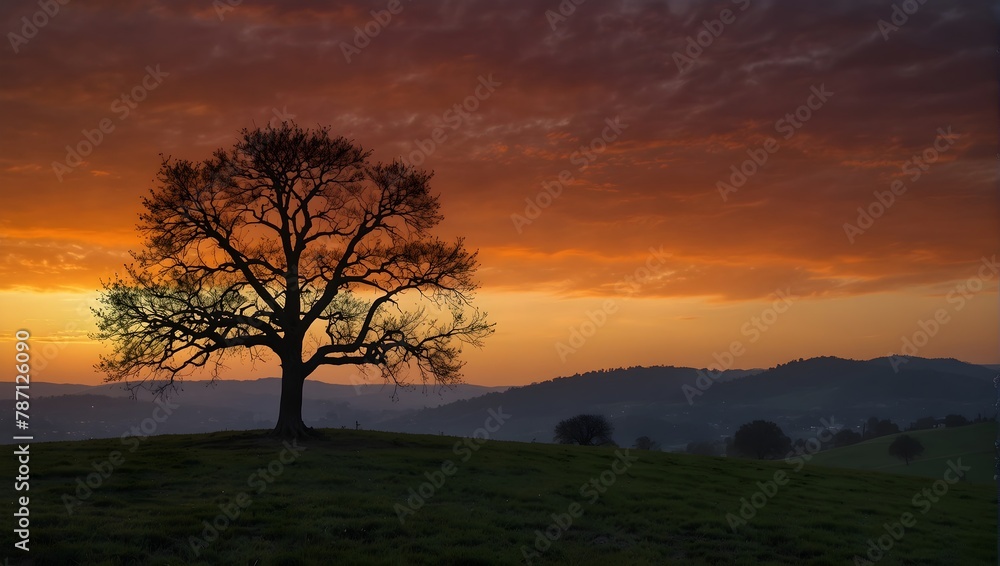 A solitary fruit tree on a hill, silhouetted against a fiery sunset sky Generative AI A solitary fruit tree on a hill, silhouetted against a fiery sunset sky Generative AI