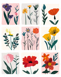 Series of Simplified Contemporary Floral Illustrations with Pastel Backgrounds and Soft Color Palette