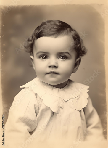 vintage photo of baby 1900s black and white yellowing studio portrait © Ricky