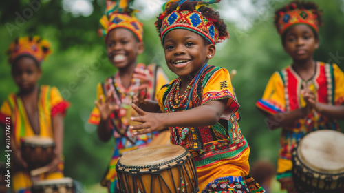 Children in Vibrant African Costumes Playing Drums in a Cultural Parade