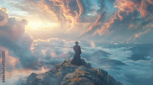 Person standing on mountain peak above clouds during dramatic sunrise #787126210