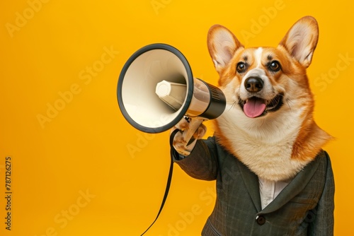 Dog with a megaphone. Animals attract attention. Provocative advertising. Blank space for text