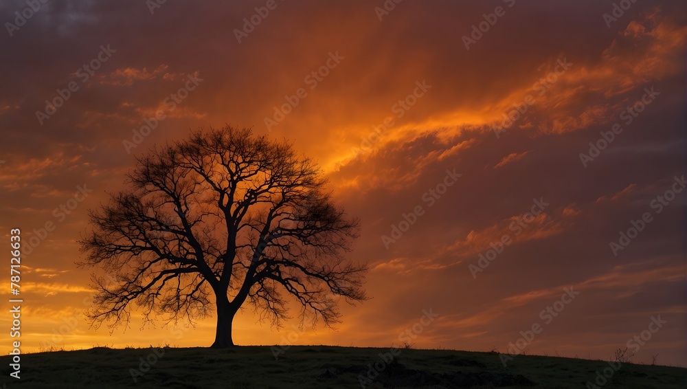 A solitary fruit tree on a hill, silhouetted against a fiery sunset sky Generative AI