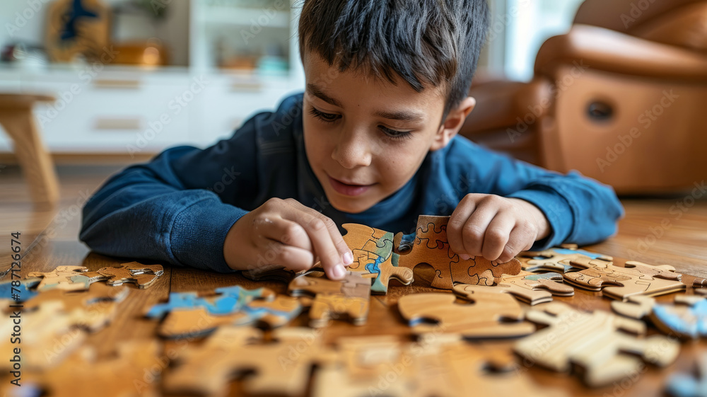A young boy concentrating on assembling a jigsaw puzzle. - obrazy, fototapety, plakaty 