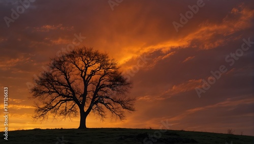 A solitary fruit tree on a hill  silhouetted against a fiery sunset sky Generative AI
