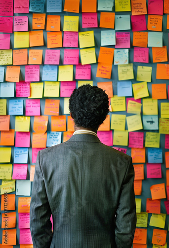 A boring man wearing a suit looking a wall full of post-its