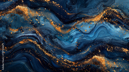 **A captivating blend of watercolor and ink, swirling in a sea of blue and gold. 
