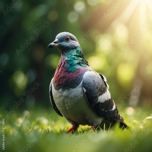 Portrait of a street pigeon against a green background. 