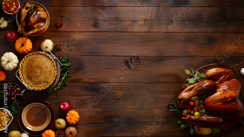 Wallpaper Mural Traditional Thanksgiving turkey dinner Top view double border on a dark wood banner background with copy space Turkey mashed potatoes dressing pumpkin pie and sides : Generative AI Torontodigital.ca