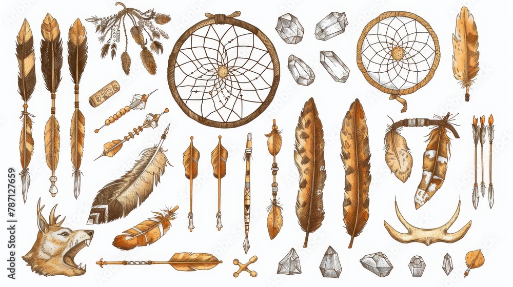 A modern set of hand-drawn boho elements for designing. Items for hunting, home decor, and decoration including wigwams, arrows, feathers, crystals, dream catchers, etc. A modern set of hand-drawn boho elements for designing. Items for hunting, home decor, and decoration including wigwams, arrows, feathers, crystals, dream catchers, etc.
