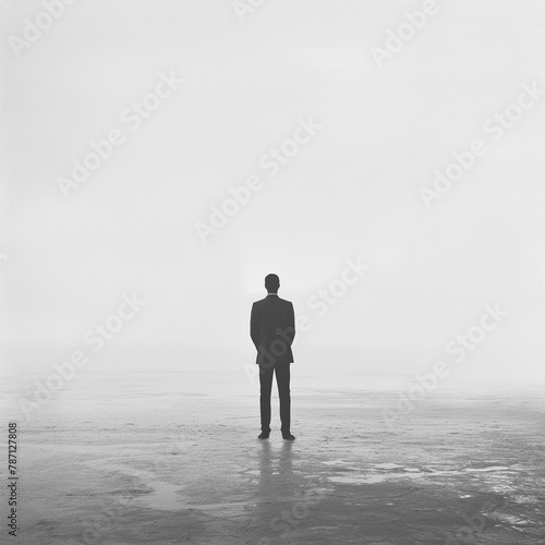 a representation of the concept of male loneliness as a solitary figure in a vast  empty expanse.