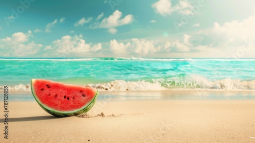 Juicy watermelon slice with vivid red and green hues resting on golden tropical beach sand under a pastel blue cloudless summer sky