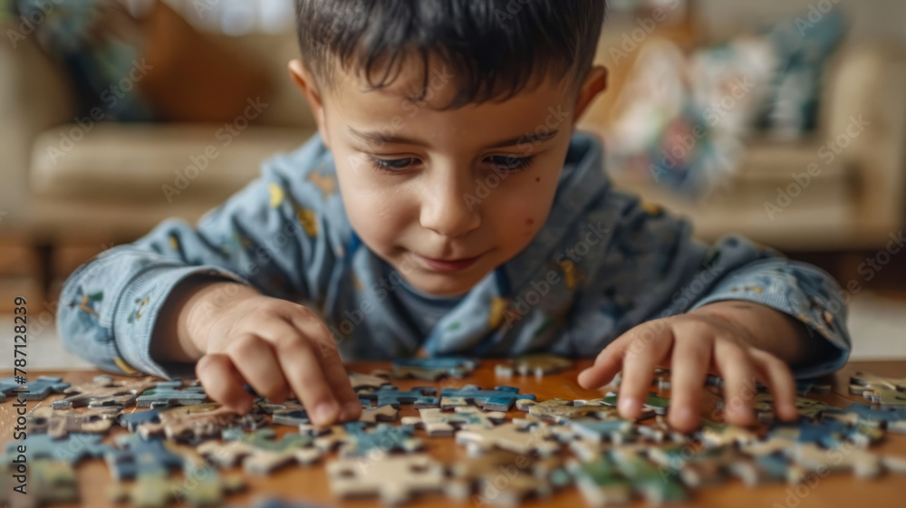 A boy doing a puzzle on the floor. A boy doing a puzzle on the floor.