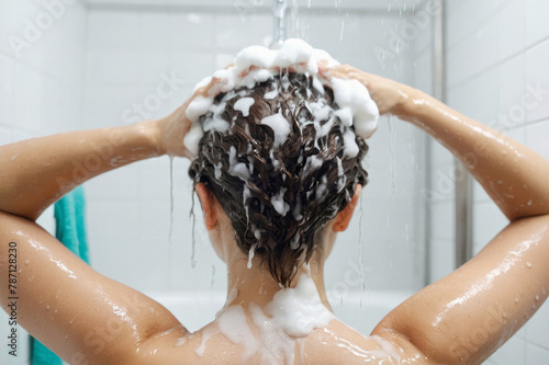 A woman washes her hair in the shower. Water pours on her head, and her hair is covered with foam. Back view