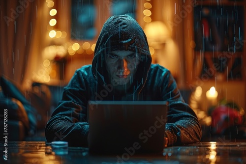 A hooded person works on a laptop in a rain-soaked environment, the atmosphere is moody and suggests focused tech work possibly with nefarious implications