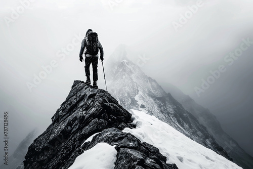A solitary figure ascends a snow-capped peak, dwarfed by the vastness of the sky.