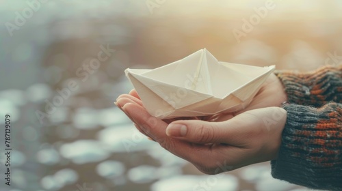An isolated toned background with a paper boat in the hands