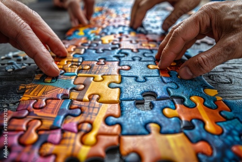 Close-up of hands fitting colorful jigsaw puzzle pieces together on a vibrant multicolored background