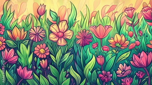 Spring nature doodle background image. Drawing in the theme of spring and flowers.