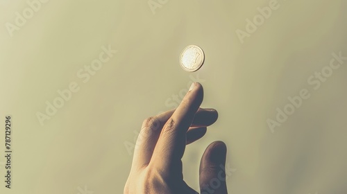 Tossing a coin to make a decision, isolated on a toned background, with a hand throwing it up. photo