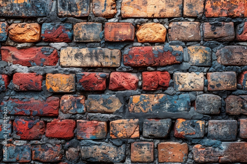 A close-up of a textured wall with colorful, weathered bricks showing signs of aging and historic character