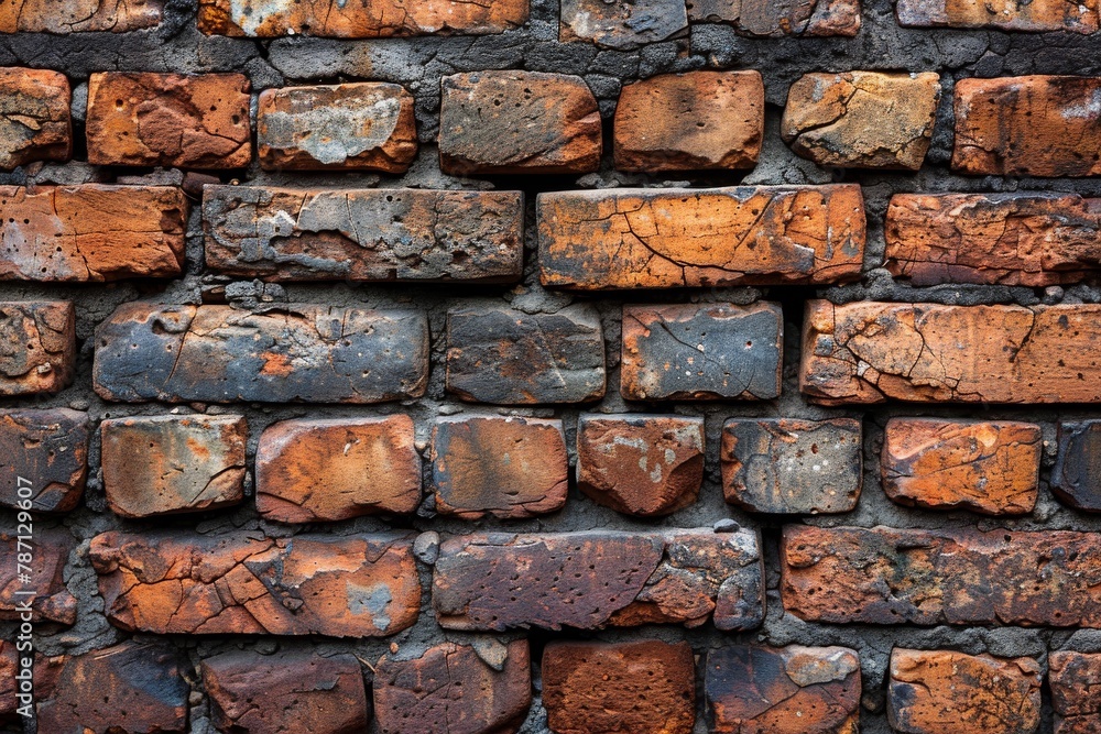 A detailed image of an orangish brick wall showcasing the rustic beauty and textured surface of the aged masonry A detailed image of an orangish brick wall showcasing the rustic beauty and textured surface of the aged masonry