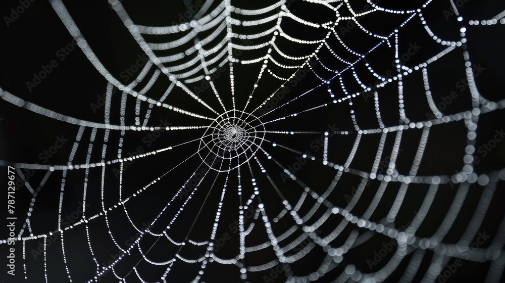 Spooky white spider web against a black backdrop