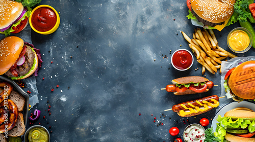 Summer BBQ food corner border with hot dog and hamburger buffet Top down view over a dark slate banner background Copy space : Generative AI