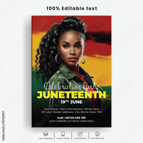 Juneteenth celebration party editable print flyer or poster template with africa american attractive girl illustration,  black history month,
emancipation day on 19th June leaflet  brochure design