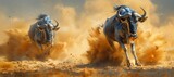 Two wildebeest are swiftly moving across a dusty landscape, resembling a dynamic scene from a naturalist painting capturing the essence of wildlife in motion