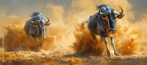 Two wildebeest are swiftly moving across a dusty landscape, resembling a dynamic scene from a naturalist painting capturing the essence of wildlife in motion photo