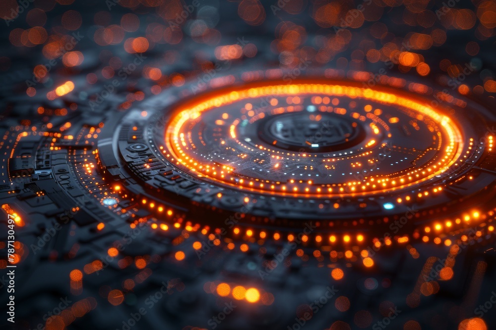 A circular tech design with a vibrant red glow suggesting advancements in technological networks A circular tech design with a vibrant red glow suggesting advancements in technological networks