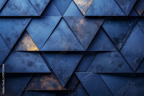 This image showcases a close-up of a modern building's blue geometric triangular facade pattern, reflecting sunlight photo