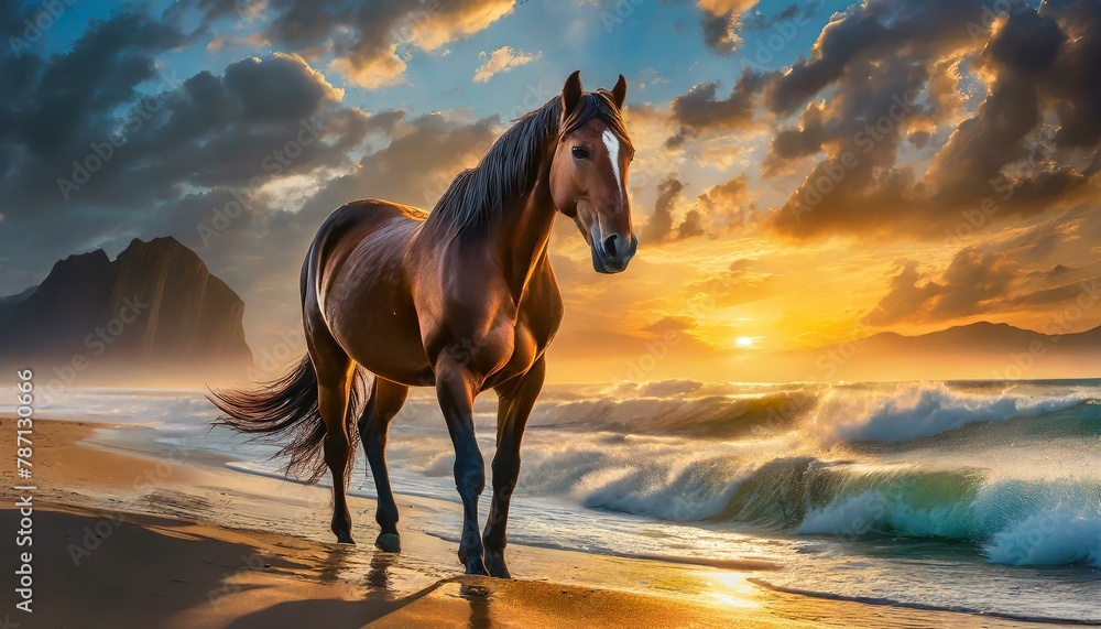 A brown horse standing on top of a sandy beach under a cloudy blue and orange sky with a sunset
A brown horse standing on top of a sandy beach under a cloudy blue and orange sky with a sunset