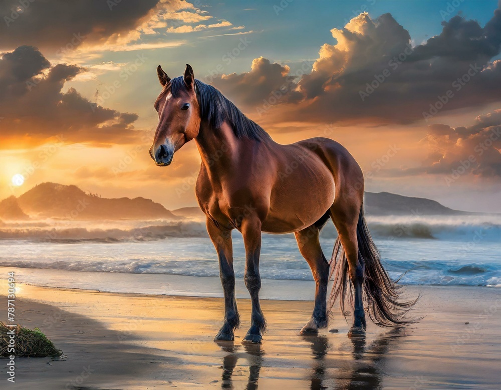 A brown horse standing on top of a sandy beach under a cloudy blue and orange sky with a sunset
A brown horse standing on top of a sandy beach under a cloudy blue and orange sky with a sunset