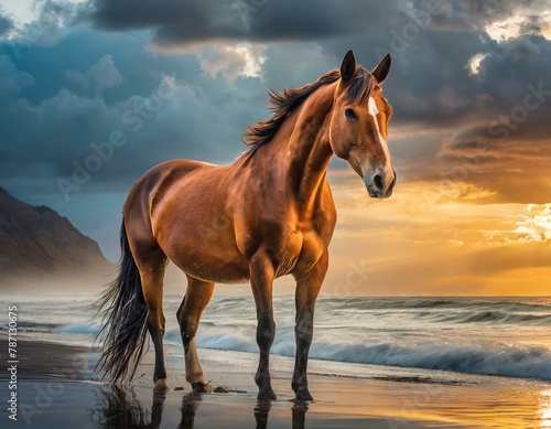 A brown horse standing on top of a sandy beach under a cloudy blue and orange sky with a sunset 