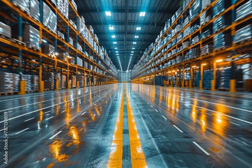 A vibrant visual of a warehouse's conveyor system in action, creating a powerful sense of motion and industry