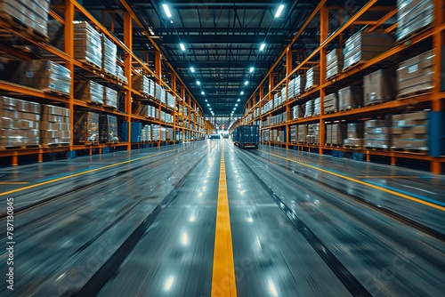 Capturing the dynamic atmosphere of a busy warehouse interior with shelves full of goods and high-speed motion blur