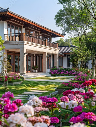 two-story villa  with a secret garden in front of the courtyard  flowers  lawn  simple  clean and comfortable picture