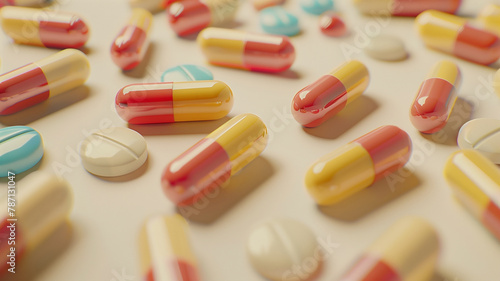 capsule pills artistically arranged on a light background, reflecting on the theme of antibiotics drug resistance and global healthcare, photorealistic, with copyspace