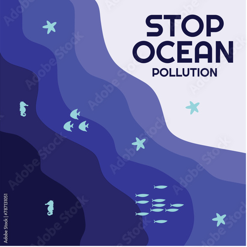 Stop ocean pollution poster design template. Layered paper cut underwater background vector illustration. Ocean environmental problem.