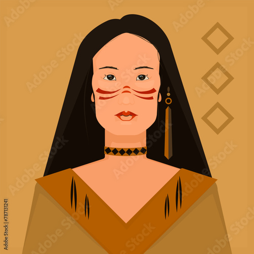 Simple vector portrait of a girl - a descendant of Native Americans. Postcard depicting a mestizo girl in Native American costume on a yellowish background