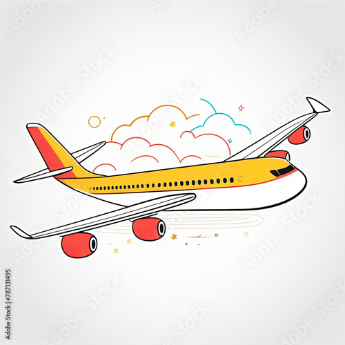 Airplane icon concept in clouds on white sky background