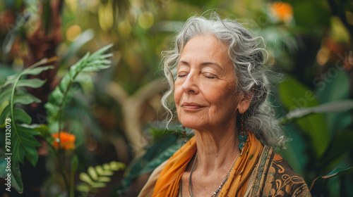 woman meditating in a peaceful garden, with a close-up on her serene face and the natural surroundings, representing mental and physical harmony